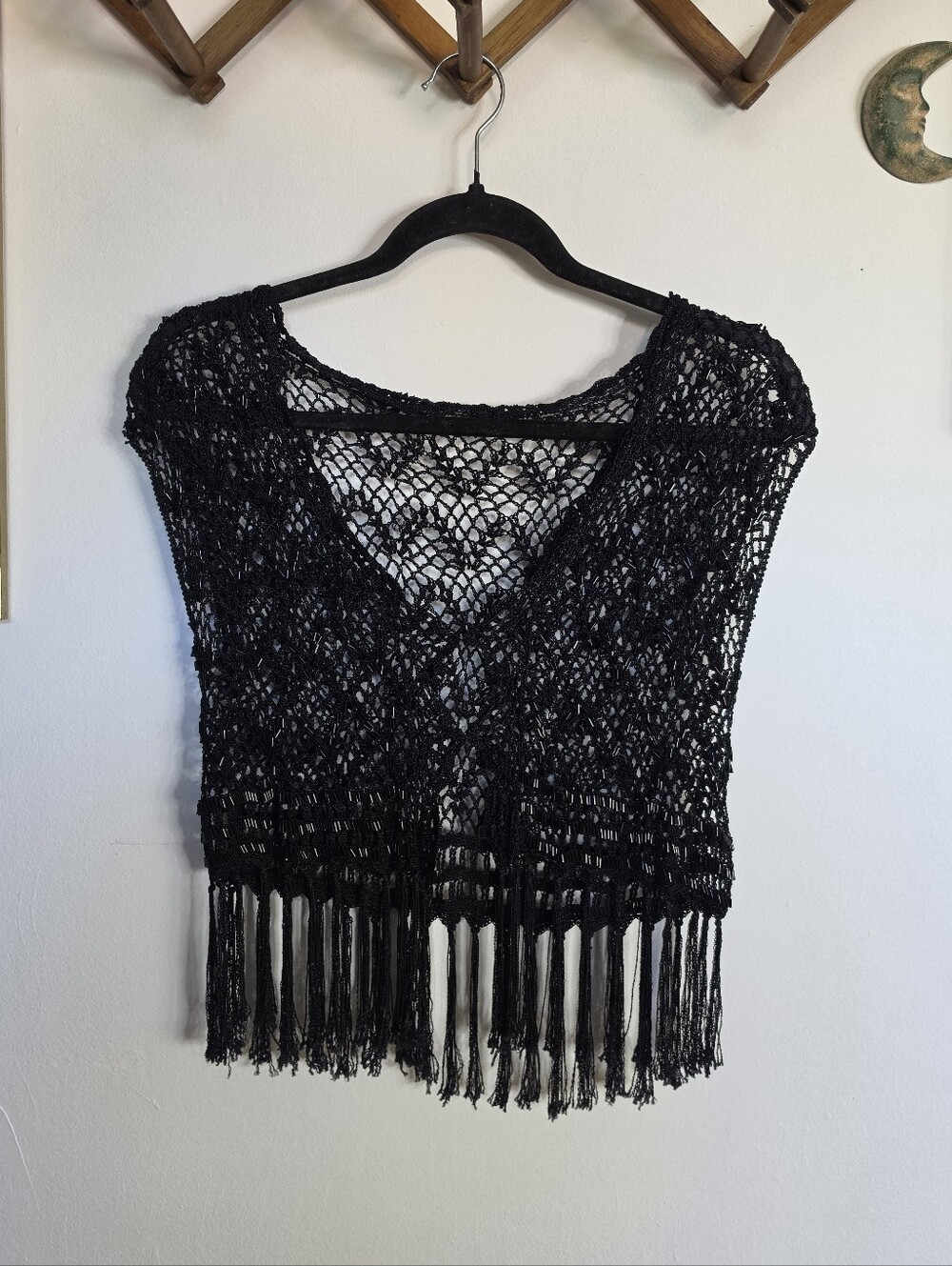 Black Beaded & Fringe Crochet Top Boho